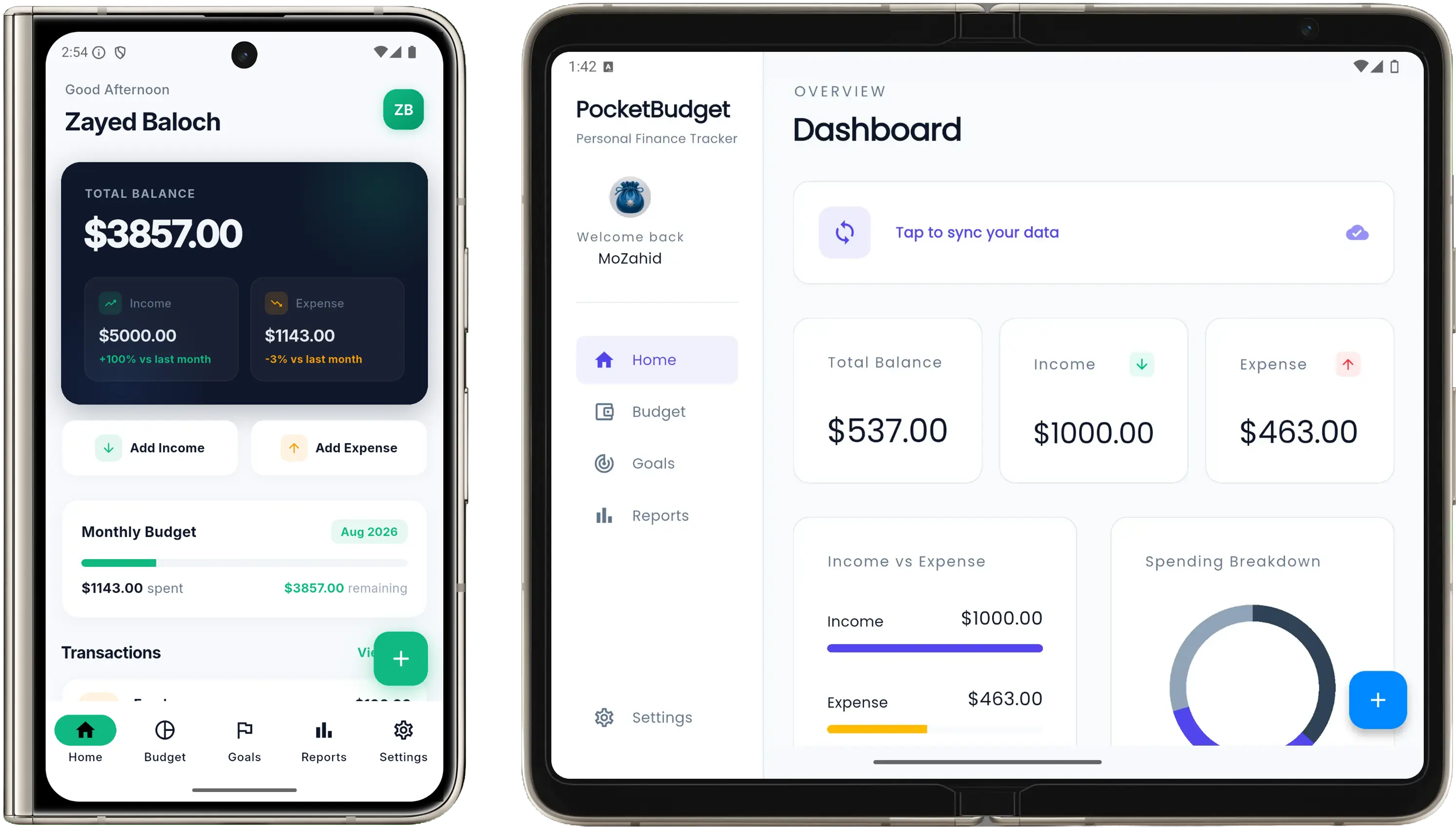 PocketBudget foldable phone layout