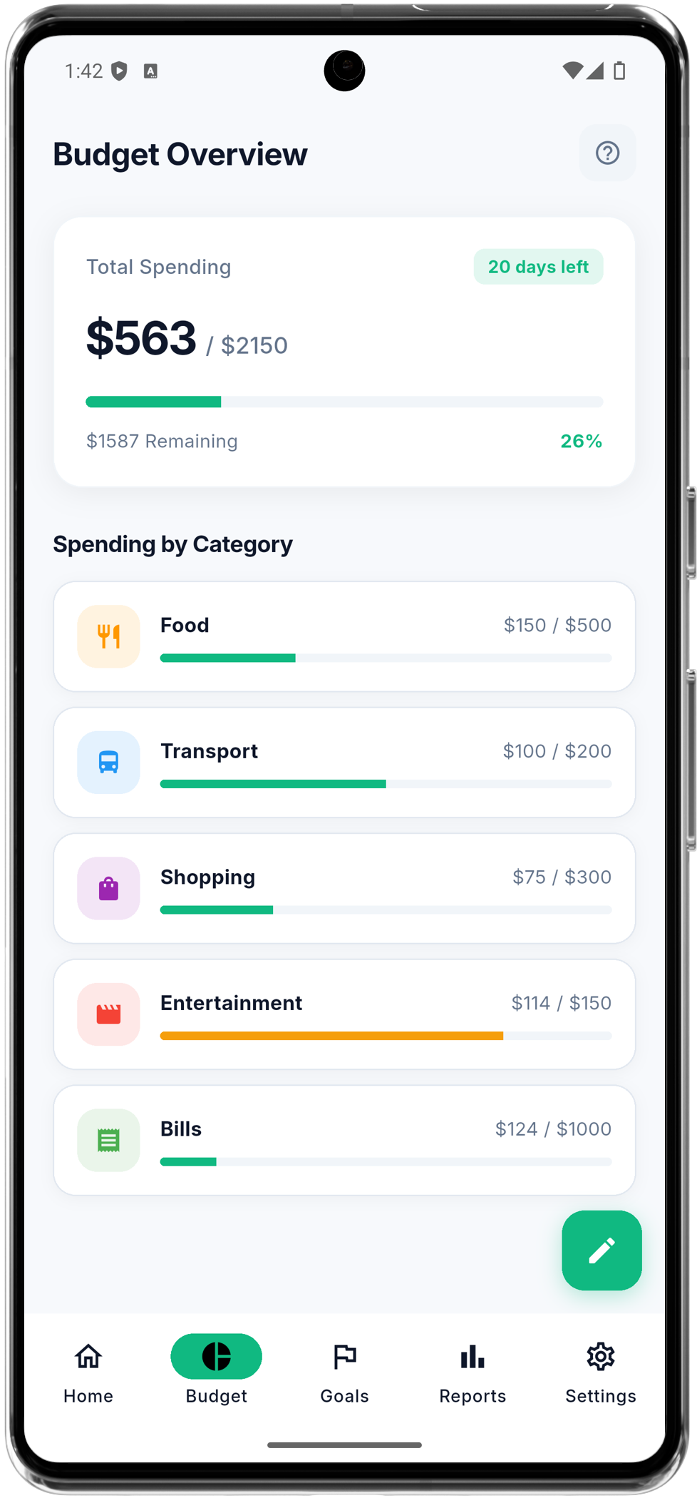 PocketBudget budgets screen