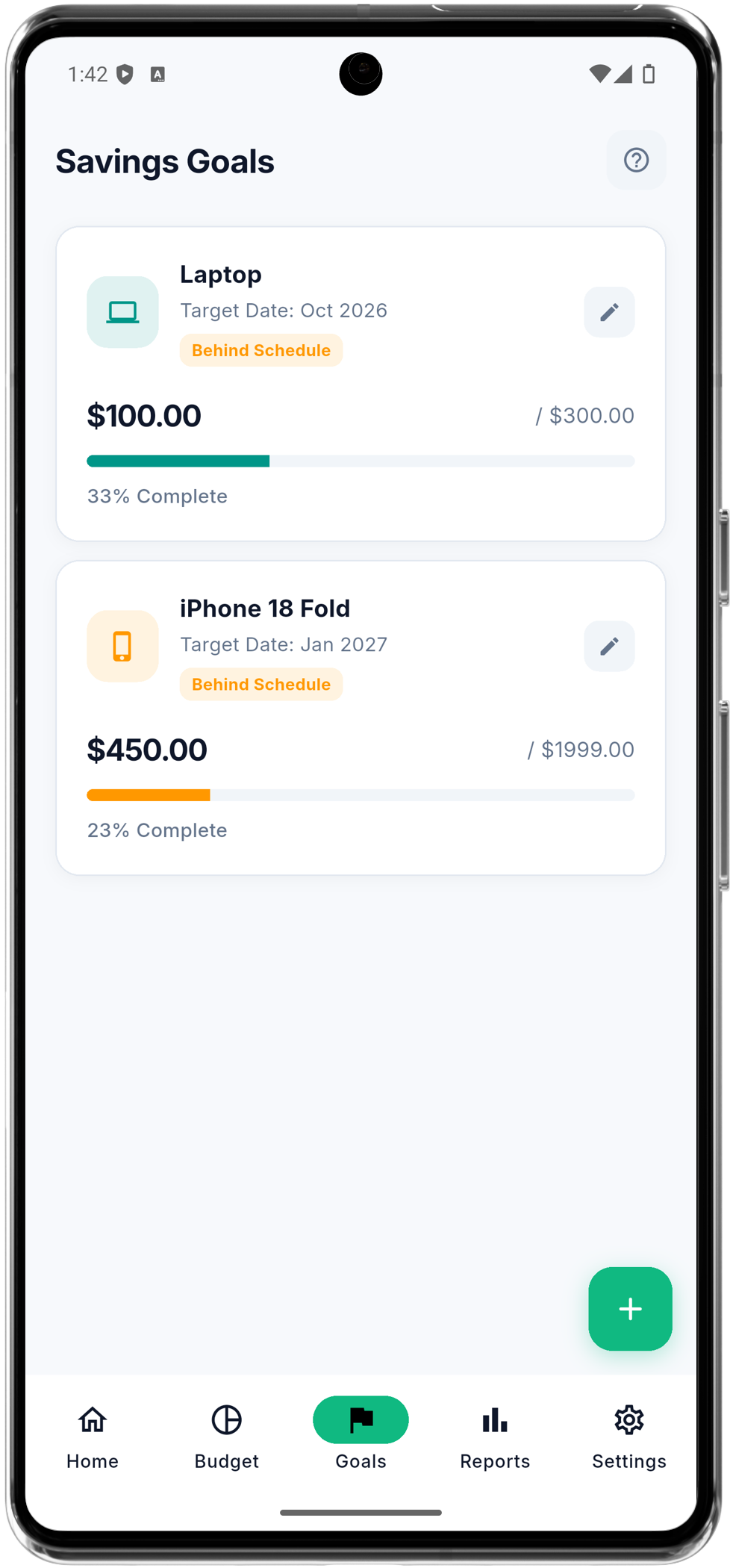 PocketBudget savings goals screen