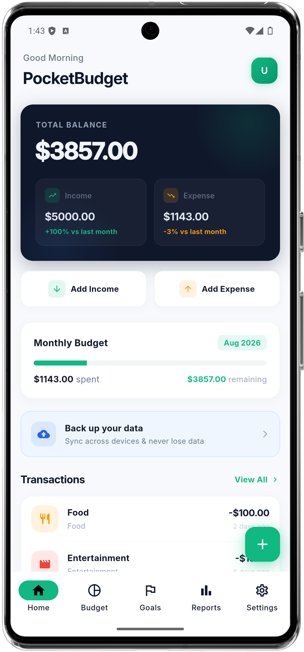 PocketBudget dashboard screen