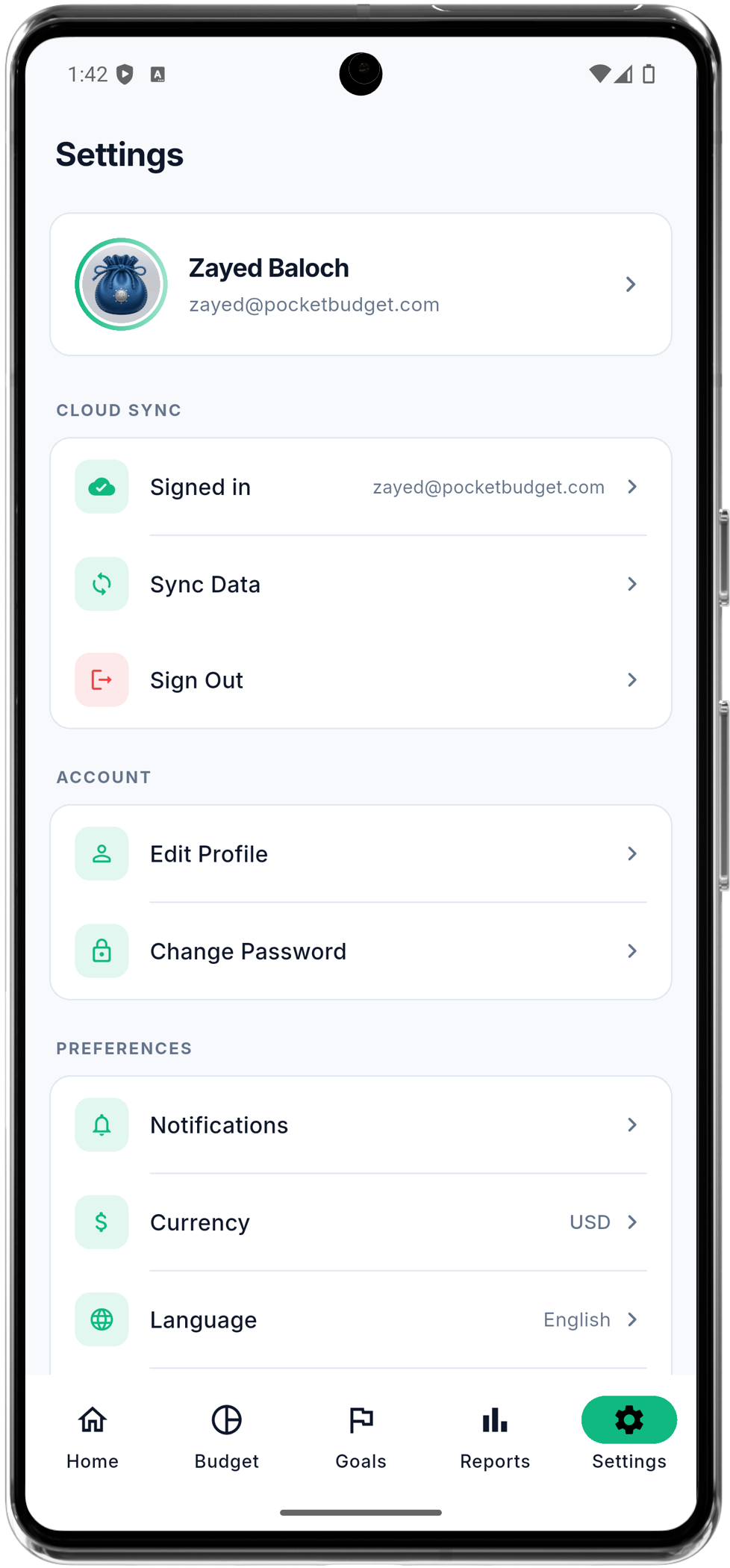 PocketBudget cloud sync screen