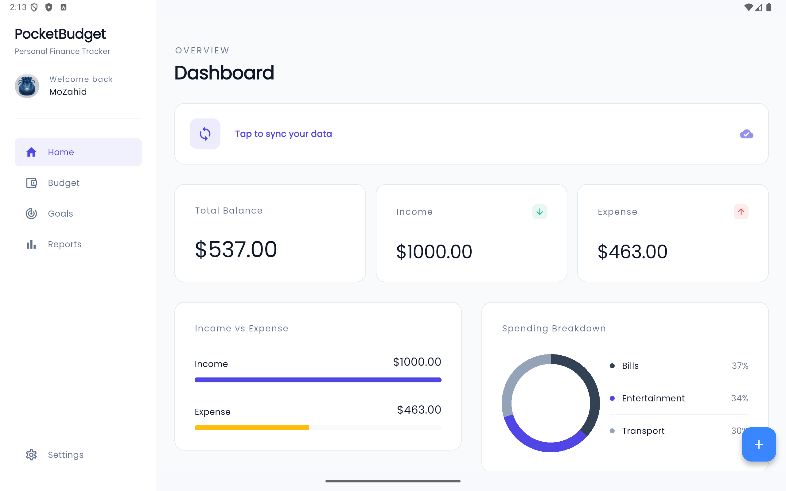 PocketBudget tablet dashboard